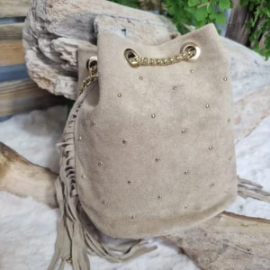 Sac seau en cuir velours à franges