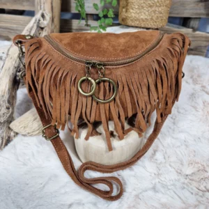 Sac banane en cuir velours à franges